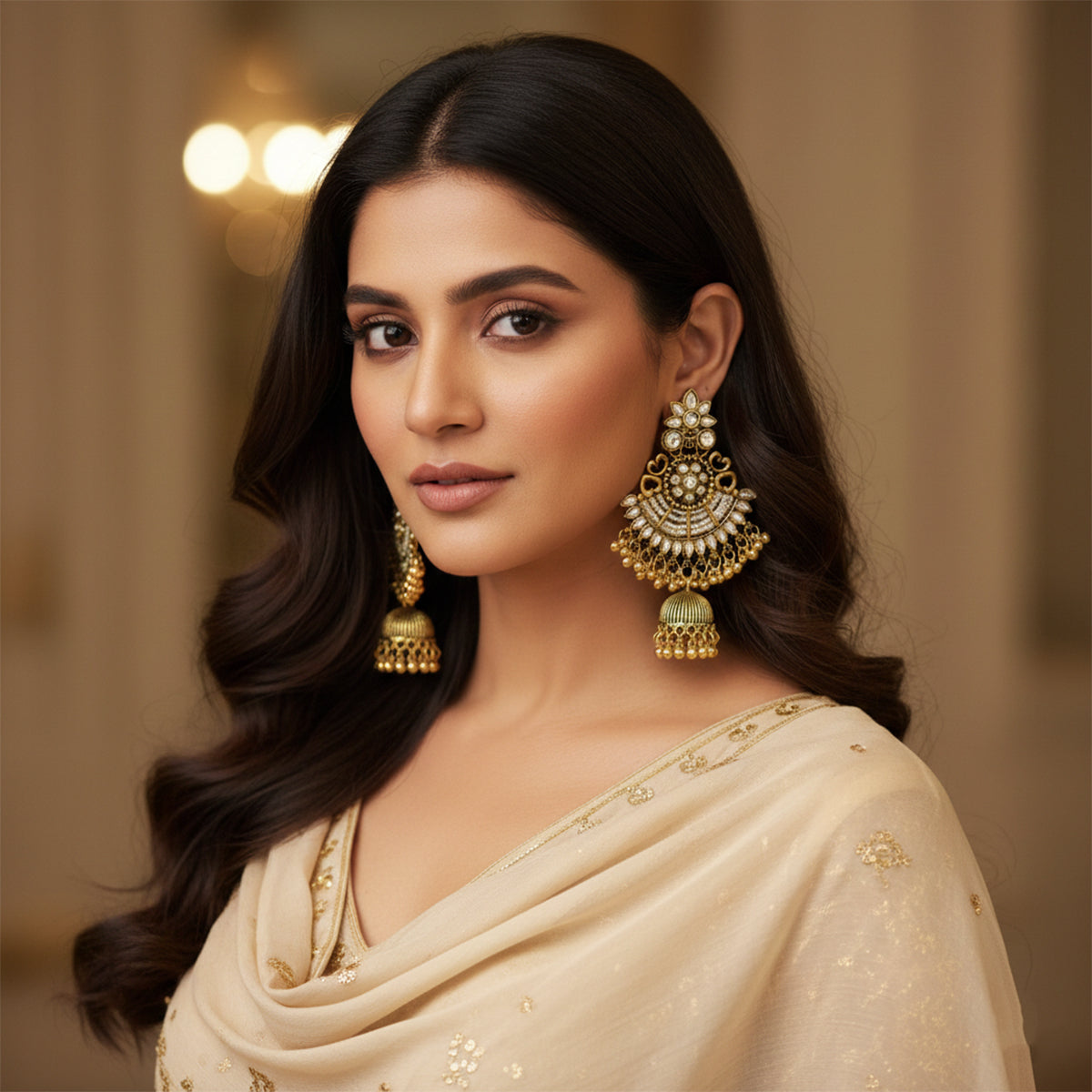 Satya- Antique Gold-Plated Kundan & Pearl Chandbali Jhumka Earrings