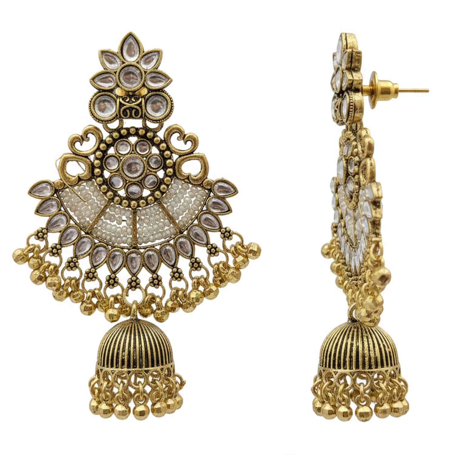 Satya- Antique Gold-Plated Kundan & Pearl Chandbali Jhumka Earrings