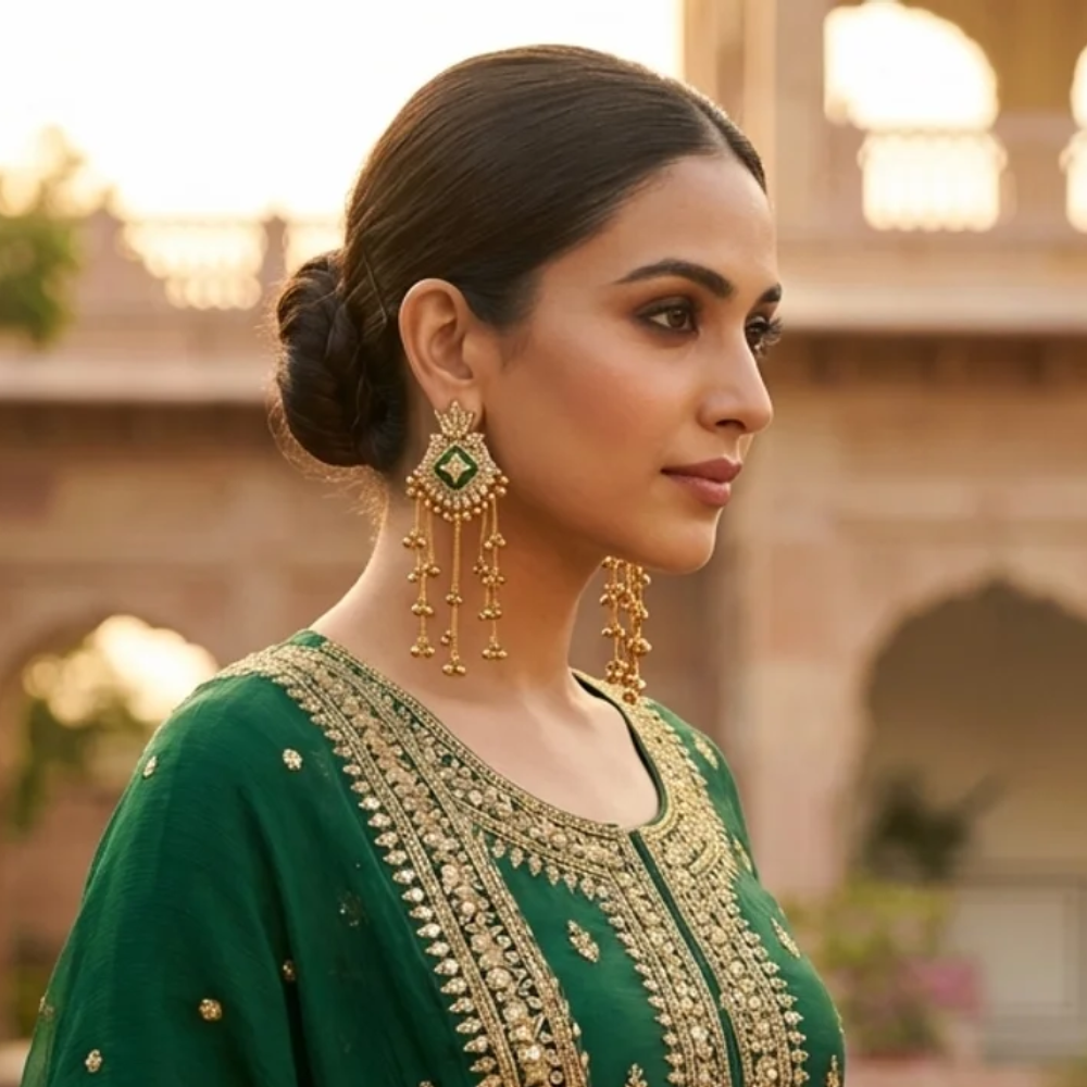 Gulnaar Traditional Green stone Gunghroo Earrings