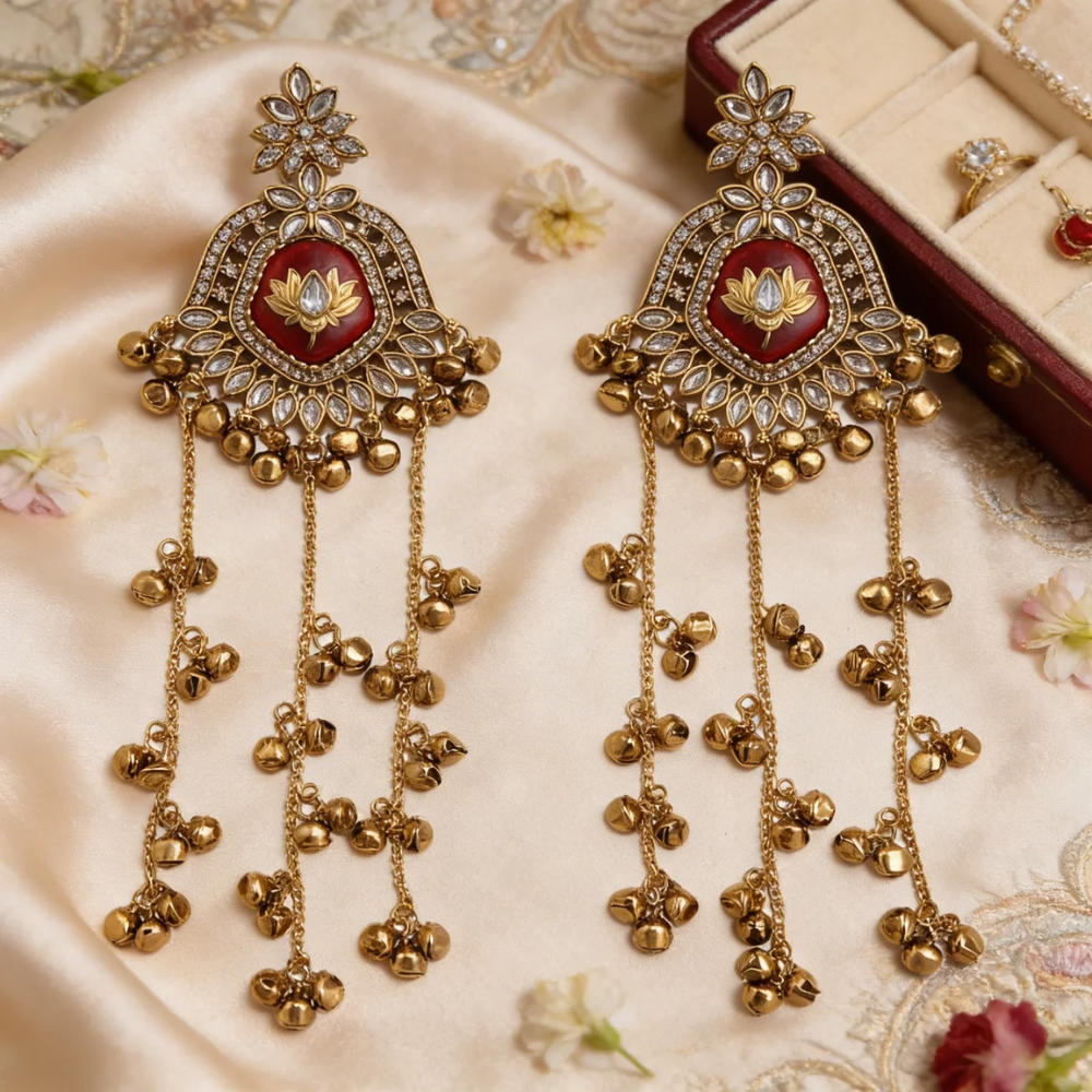 Gulnaar Traditional Maroon stone Gunghroo Earrings