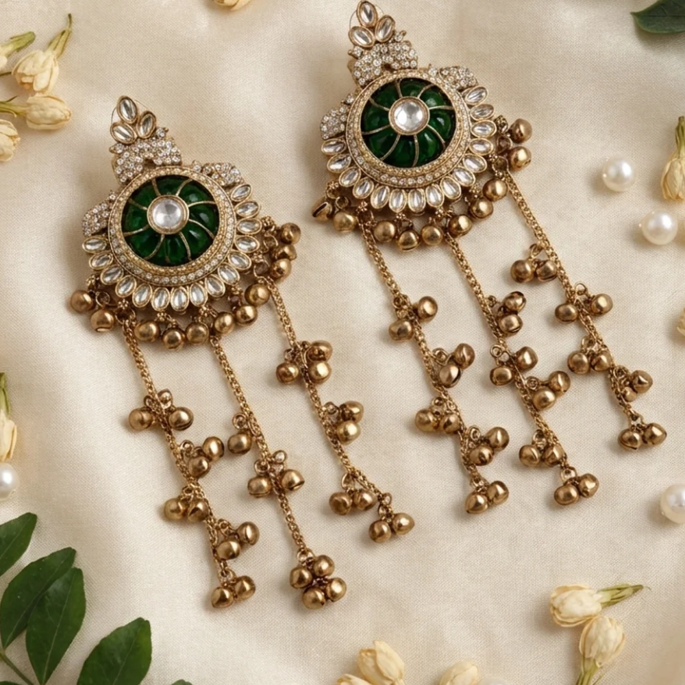 Shabnam Green Stone Gunghroo Earrings