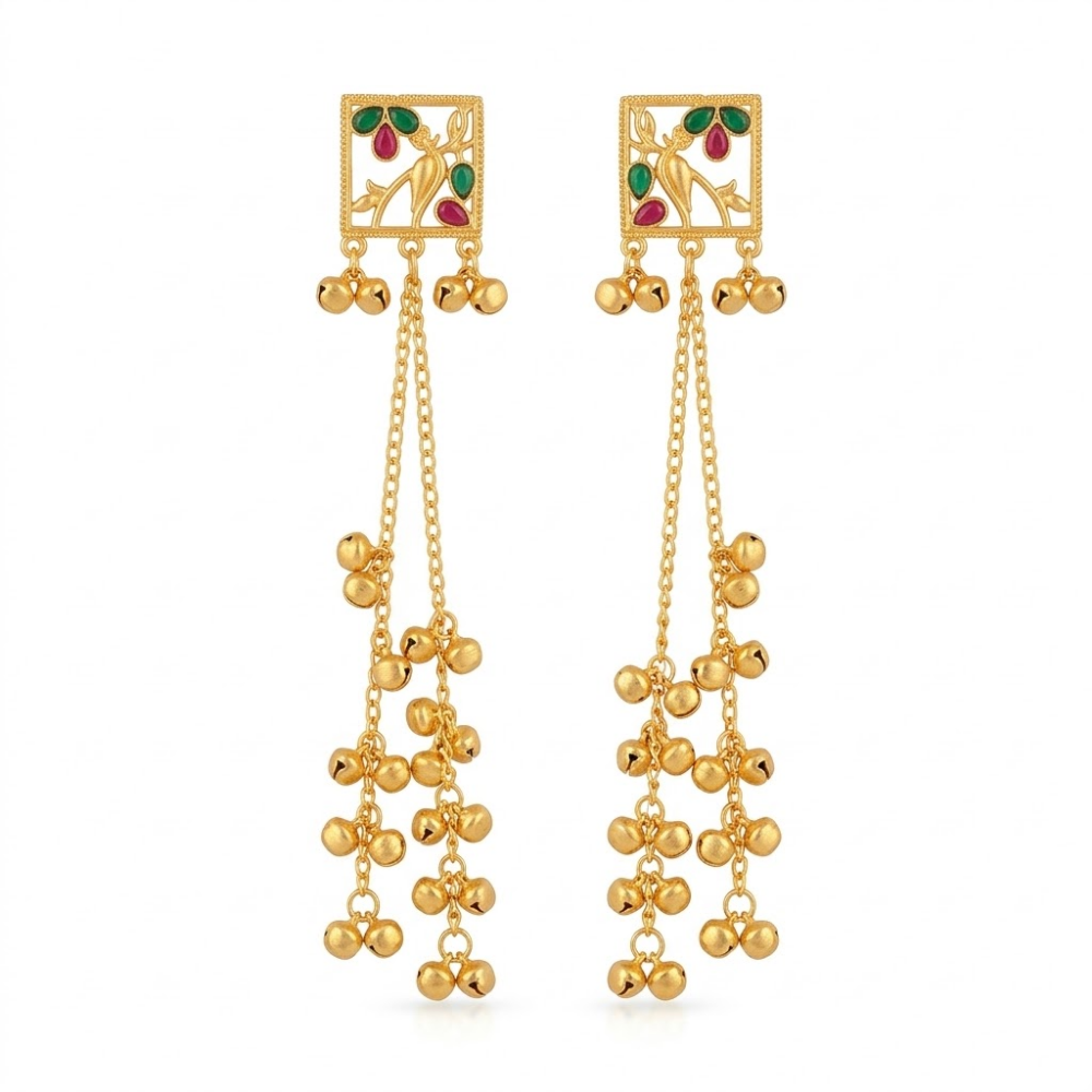 Elegant  Peacock Motif Long Dangler Earrings with Ghungroo Drops