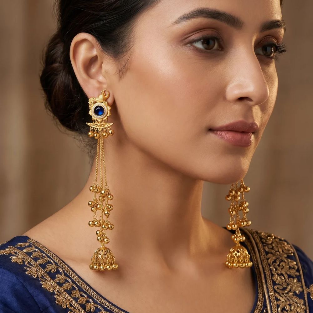 Farahana- Blue Kashmiri Style Peacock Jhumka Ghungroo Earrings