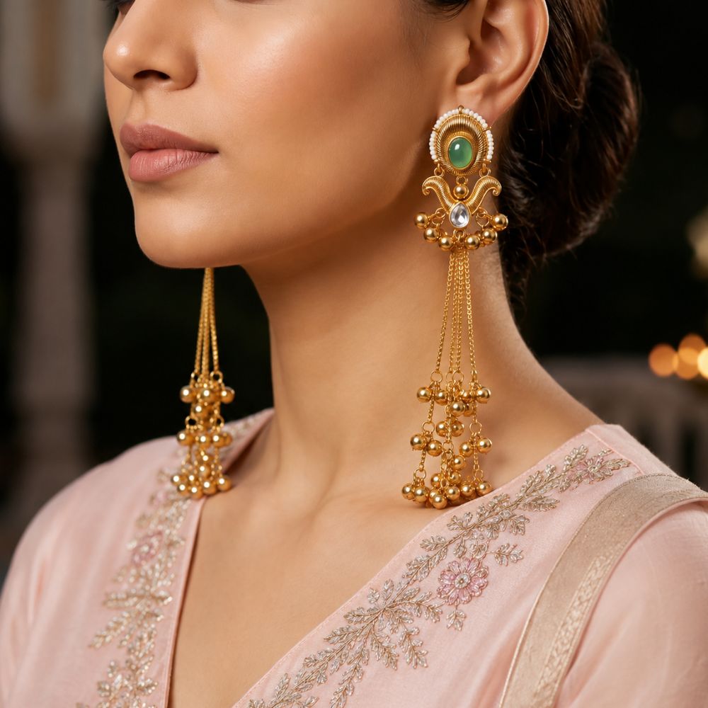 Ameera- Mint Long Kashmiri Ghungroo Earrings