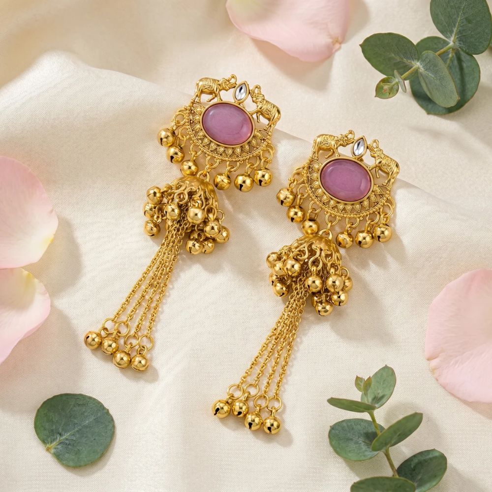 Yuma- Pink Long Kashmiri Ghungroo Earrings