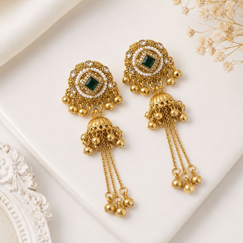 Sadia- Green Long Kashmiri Ghungroo Earrings