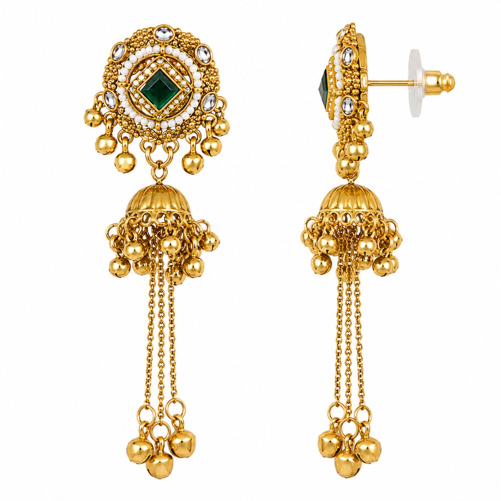 Sadia- Green Long Kashmiri Ghungroo Earrings
