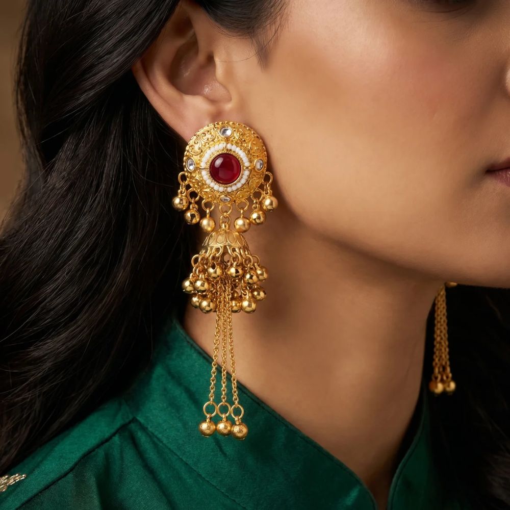 Sumayya- Maroon Long Kashmiri Ghungroo Earrings