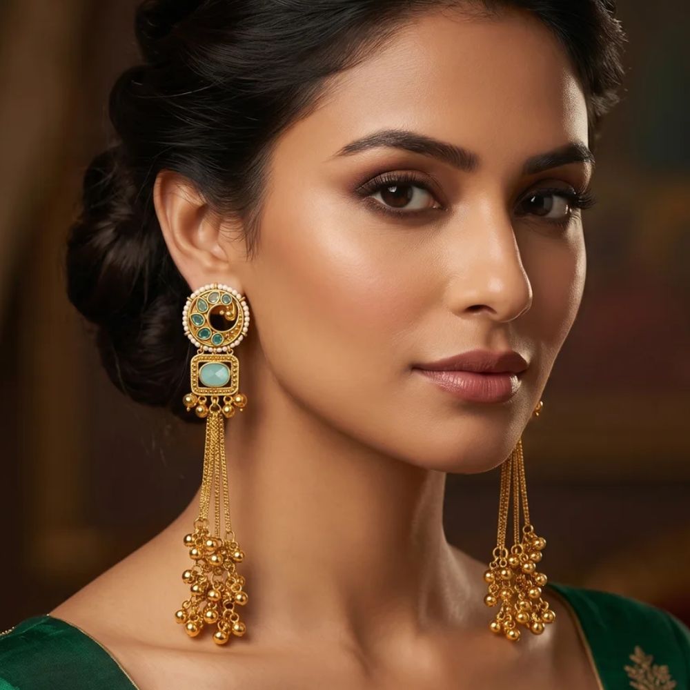 Tasneem- Turquoise Long Kashmiri Ghungroo Earrings