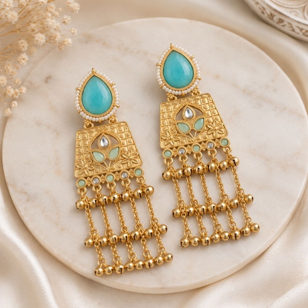 Anvi - Blue Long Kashmiri Ghungroo Earrings