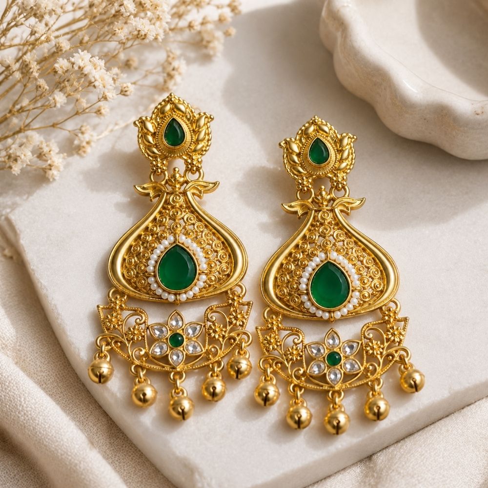 Misha - Green Stone Temple Gunghroo Earrings