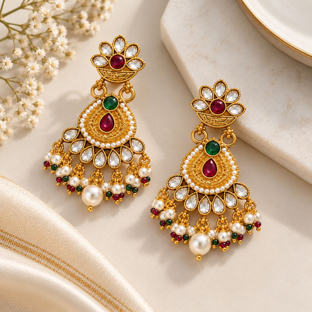 Garima – Multicolour Kundan Floral Drop Earrings