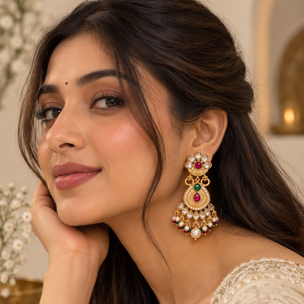 Garima – Multicolour Kundan Floral Drop Earrings
