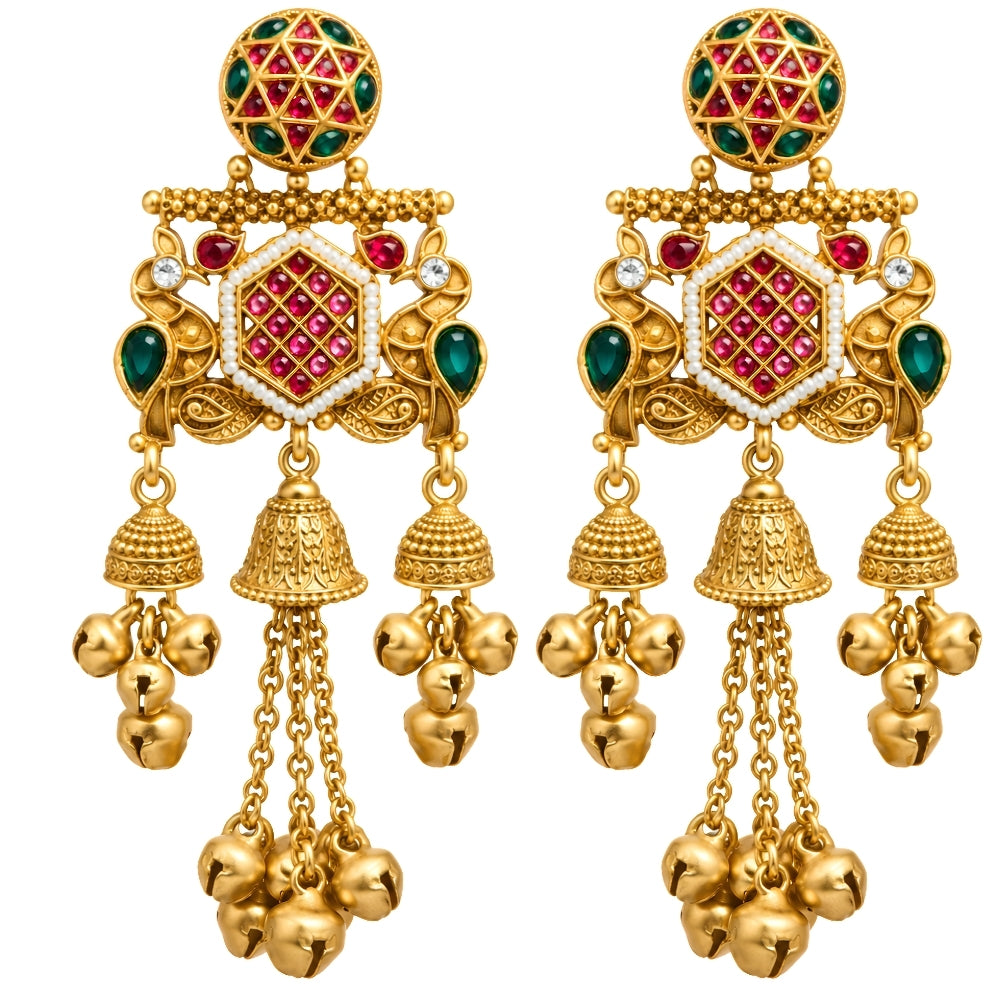 Triveni- Pink &amp; Green Peacock Ghungroo Jhumka Earrings