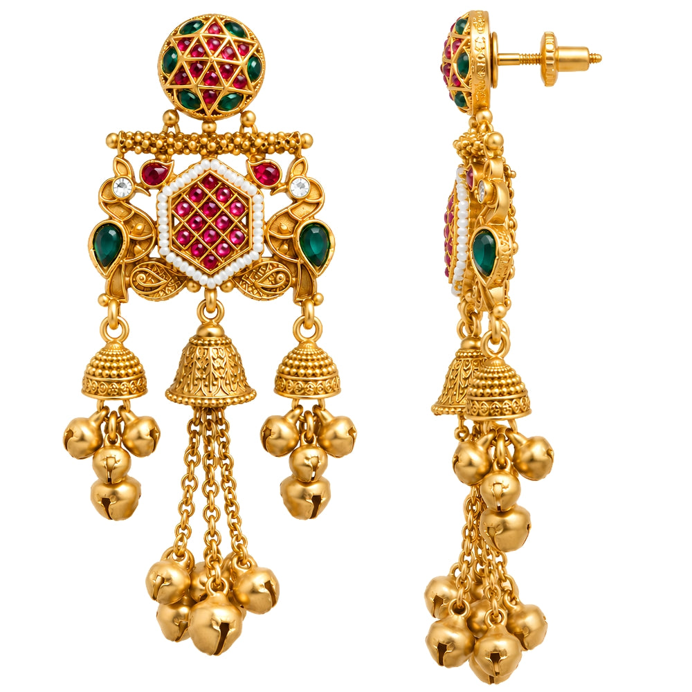 Triveni- Pink &amp; Green Peacock Ghungroo Jhumka Earrings