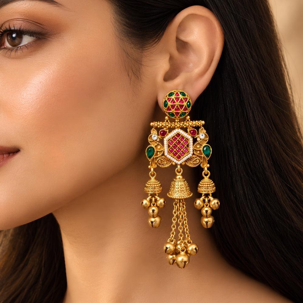 Triveni- Pink &amp; Green Peacock Ghungroo Jhumka Earrings