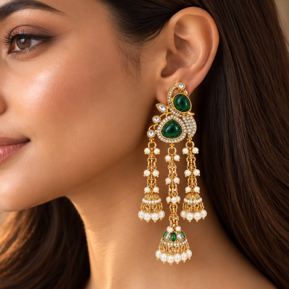 Mridvika - Green Pearl Chain Triple Jhumka Earrings