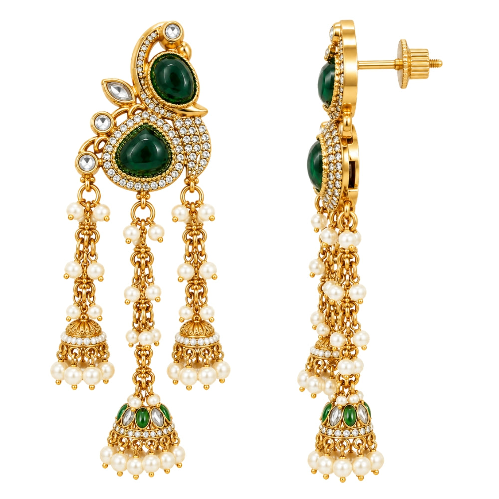 Mridvika - Green Pearl Chain Triple Jhumka Earrings