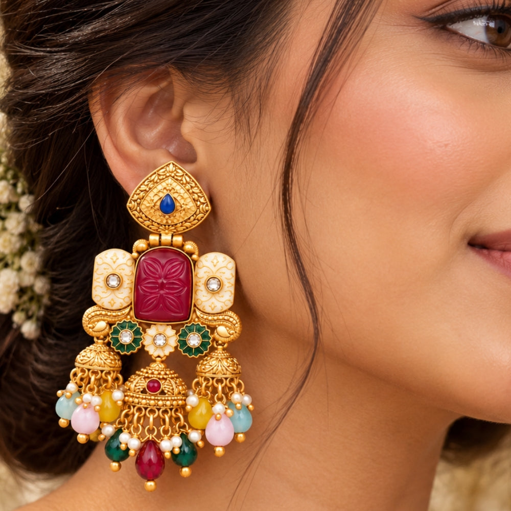 Indrani- Multicolour Heritage Triple Jhumka Earrings