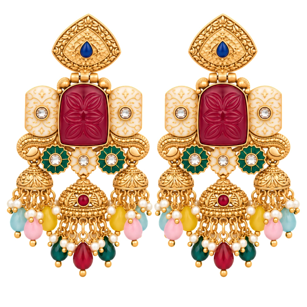 Indrani- Multicolour Heritage Triple Jhumka Earrings
