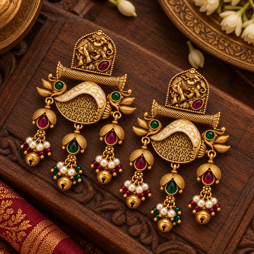 Asvina- Pink & Green Elephant Ghungroo Dangler Earrings