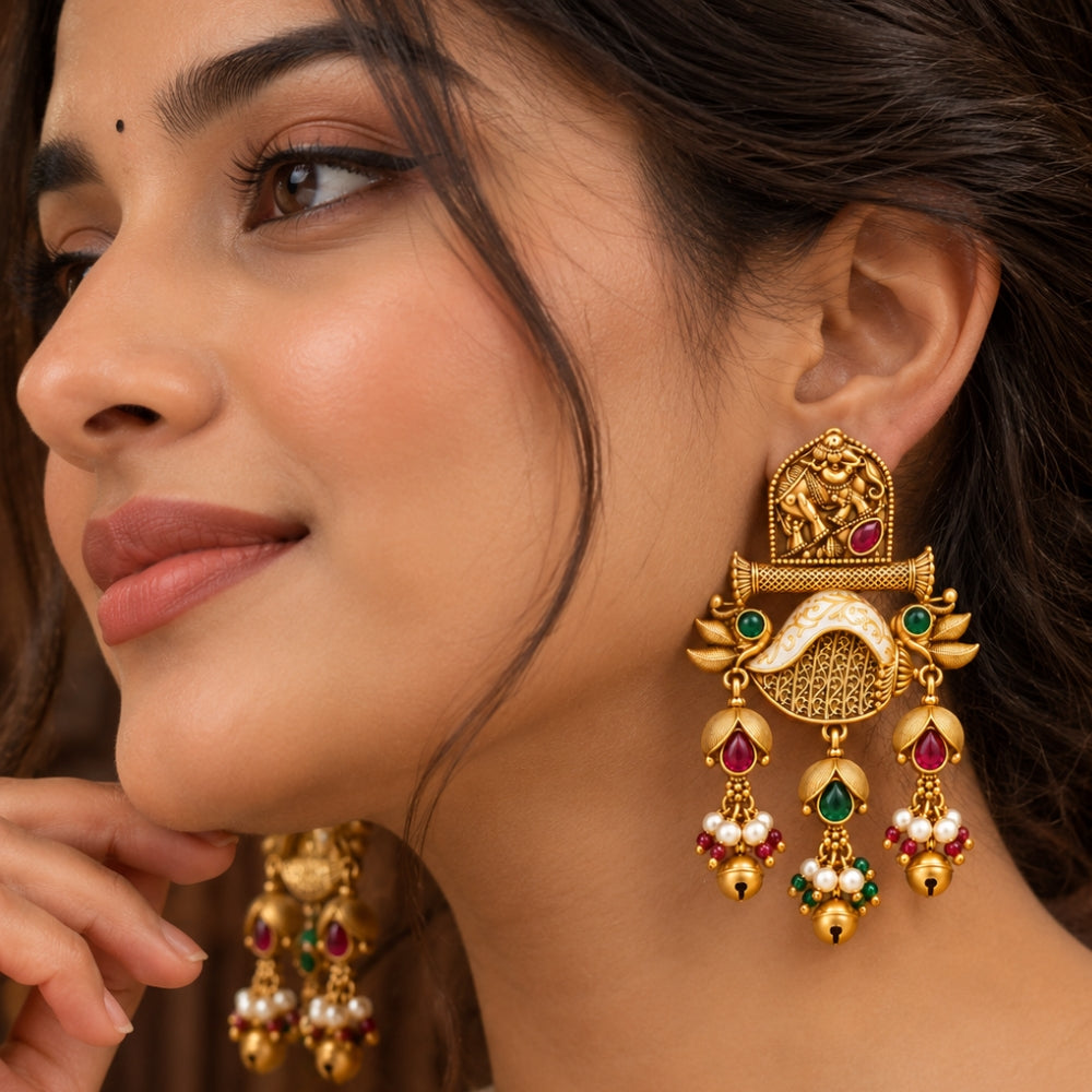 Asvina- Pink & Green Elephant Ghungroo Dangler Earrings
