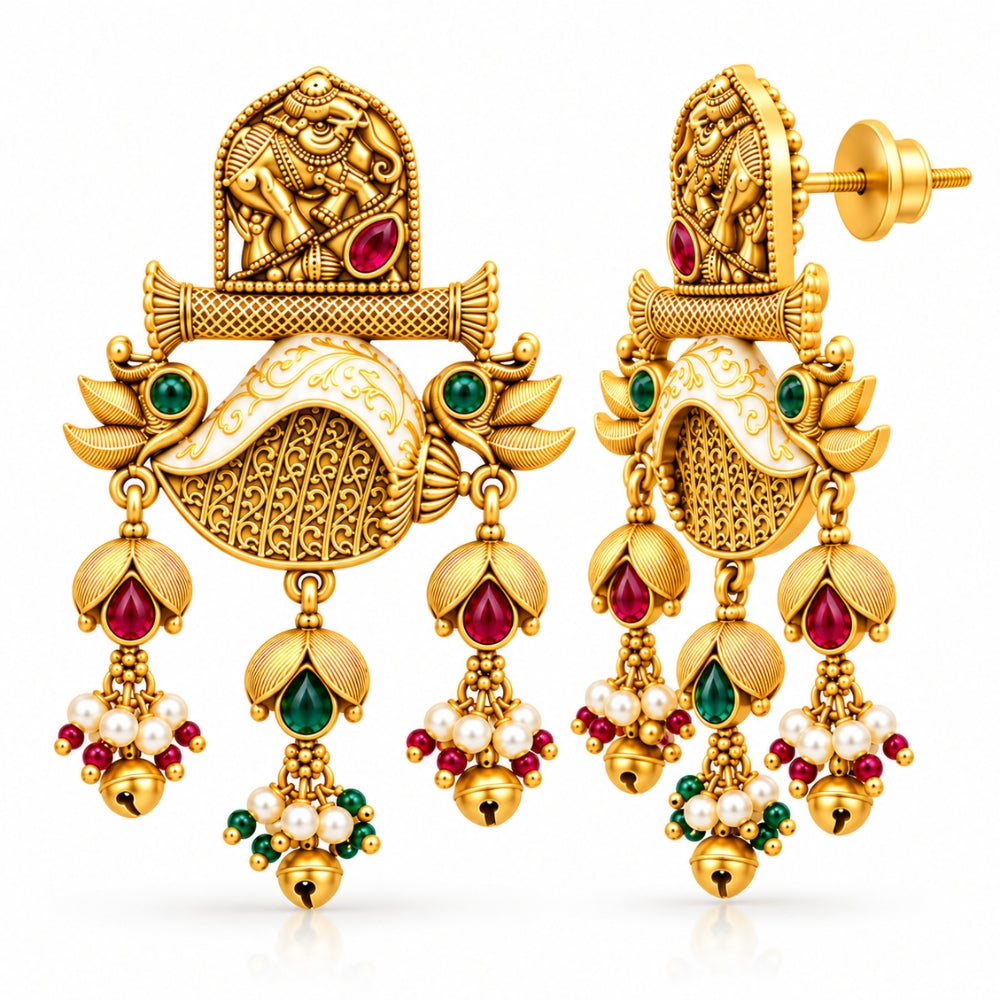 Asvina- Pink & Green Elephant Ghungroo Dangler Earrings