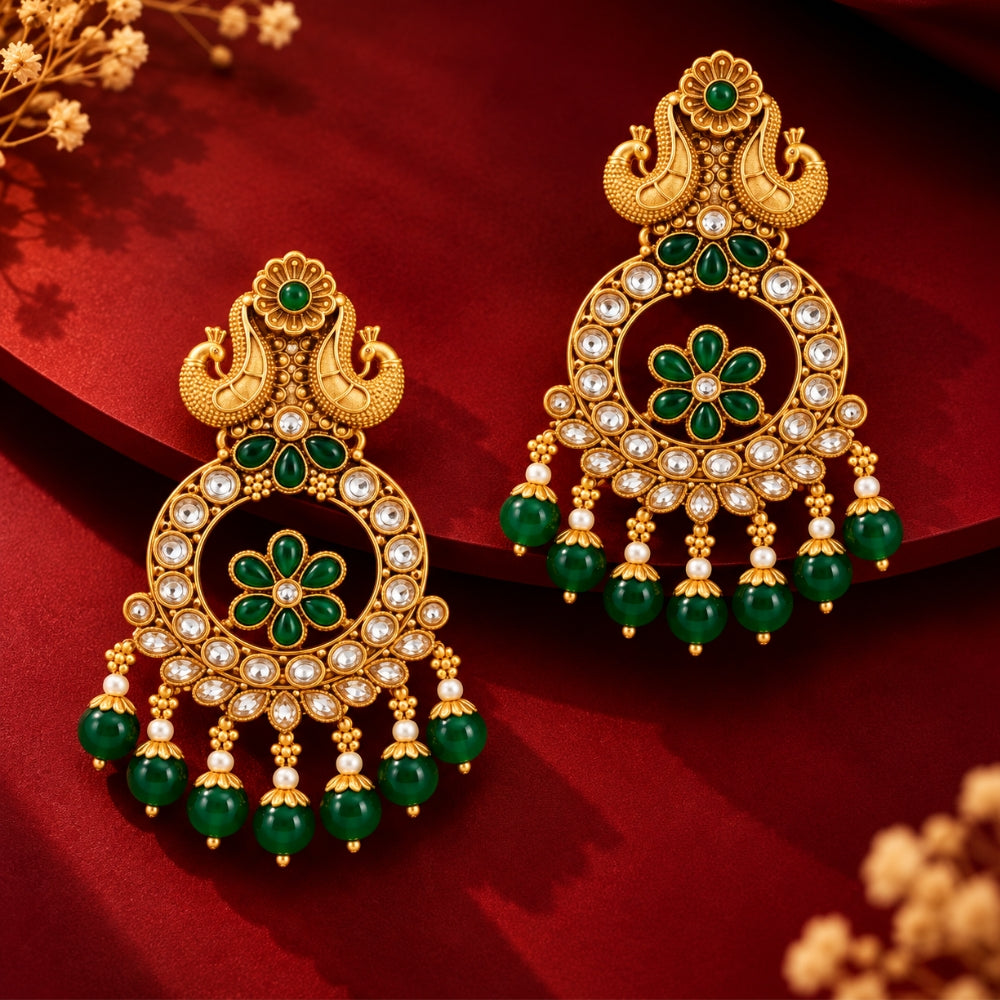 Surmaya- Green Peacock Floral Chandbali Earrings