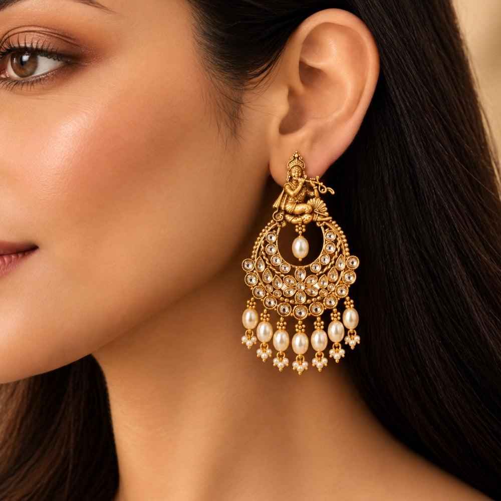 Ananda- Gold Krishna Pearl Drop Chandbali Earrings