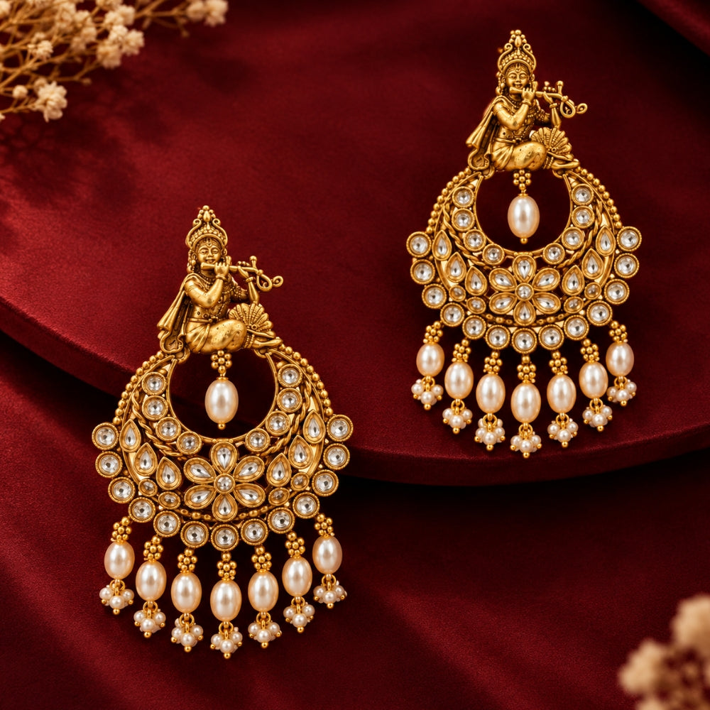 Ananda- Gold Krishna Pearl Drop Chandbali Earrings