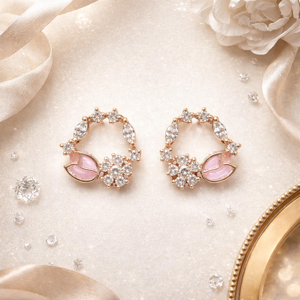 Aurora- Rose Gold Floral Hoop Earrings with Blue & CZ Stones