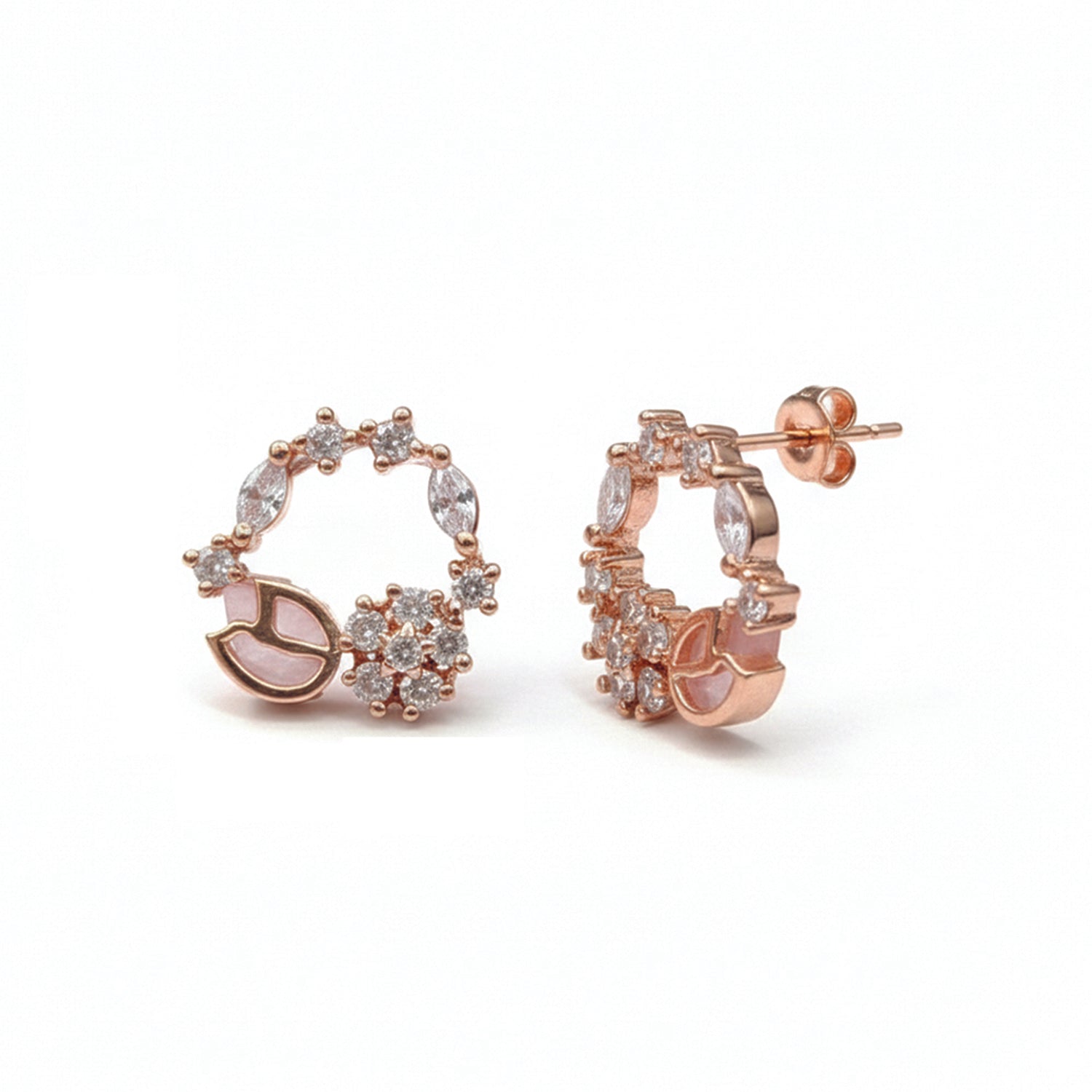 Aurora- Rose Gold Floral Hoop Earrings with Blue & CZ Stones