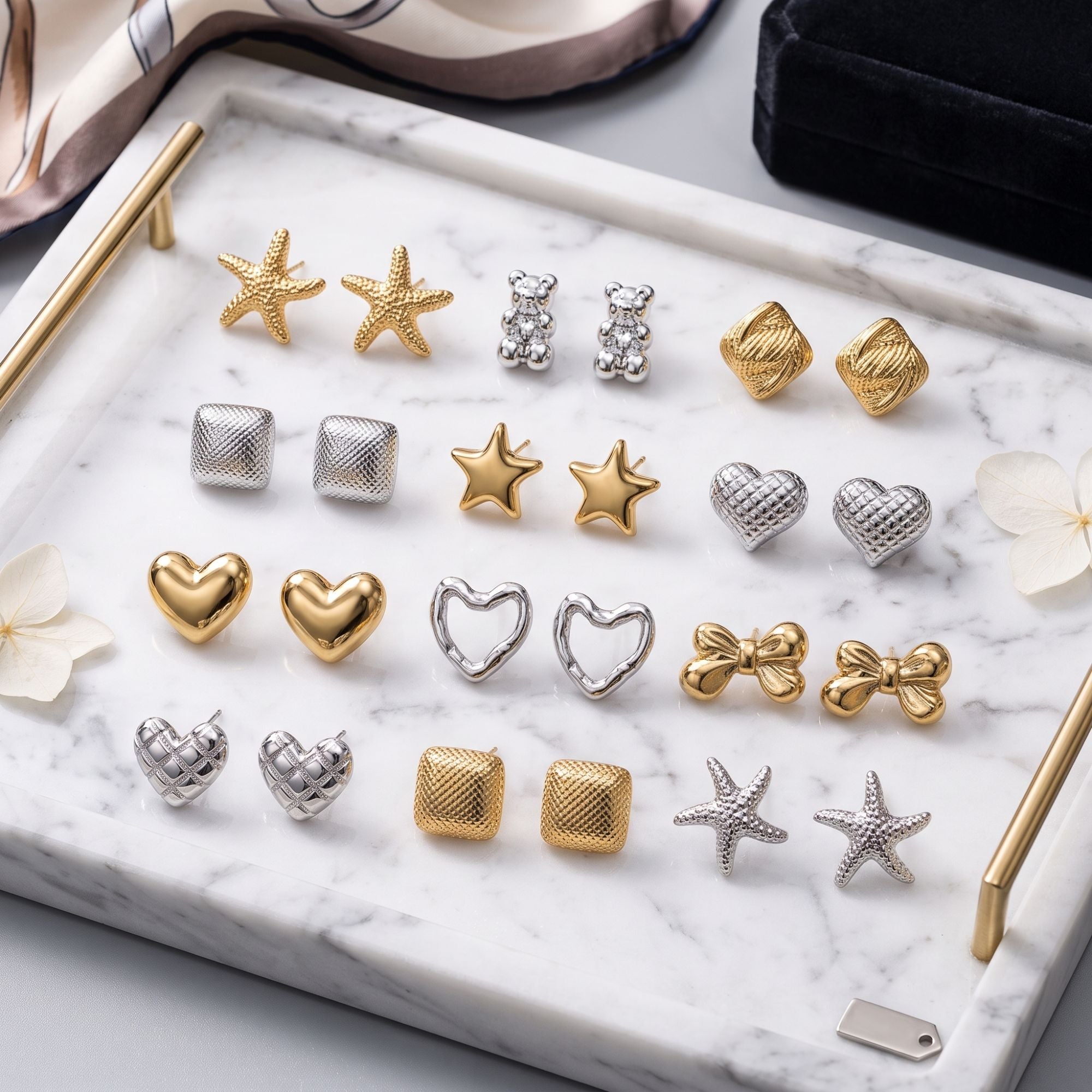 Trendy Assorted Geometric Stud Earrings Combo With Foldable Velvet Box (Set of 12)