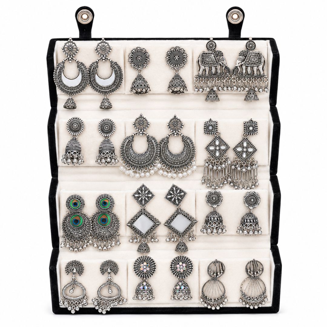 Vintage Oxidised Earrings Combo With Foldable Velvet Box (Set of 12)