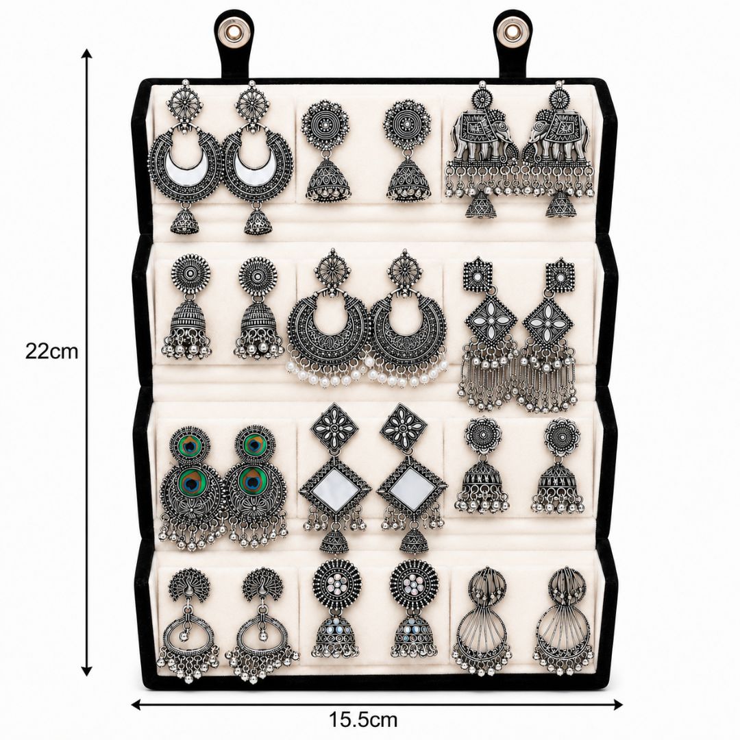 Vintage Oxidised Earrings Combo With Foldable Velvet Box (Set of 12)
