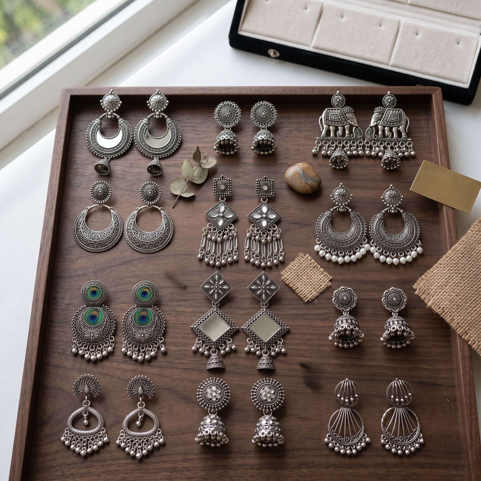 Vintage Oxidised Earrings Combo With Foldable Velvet Box (Set of 12)