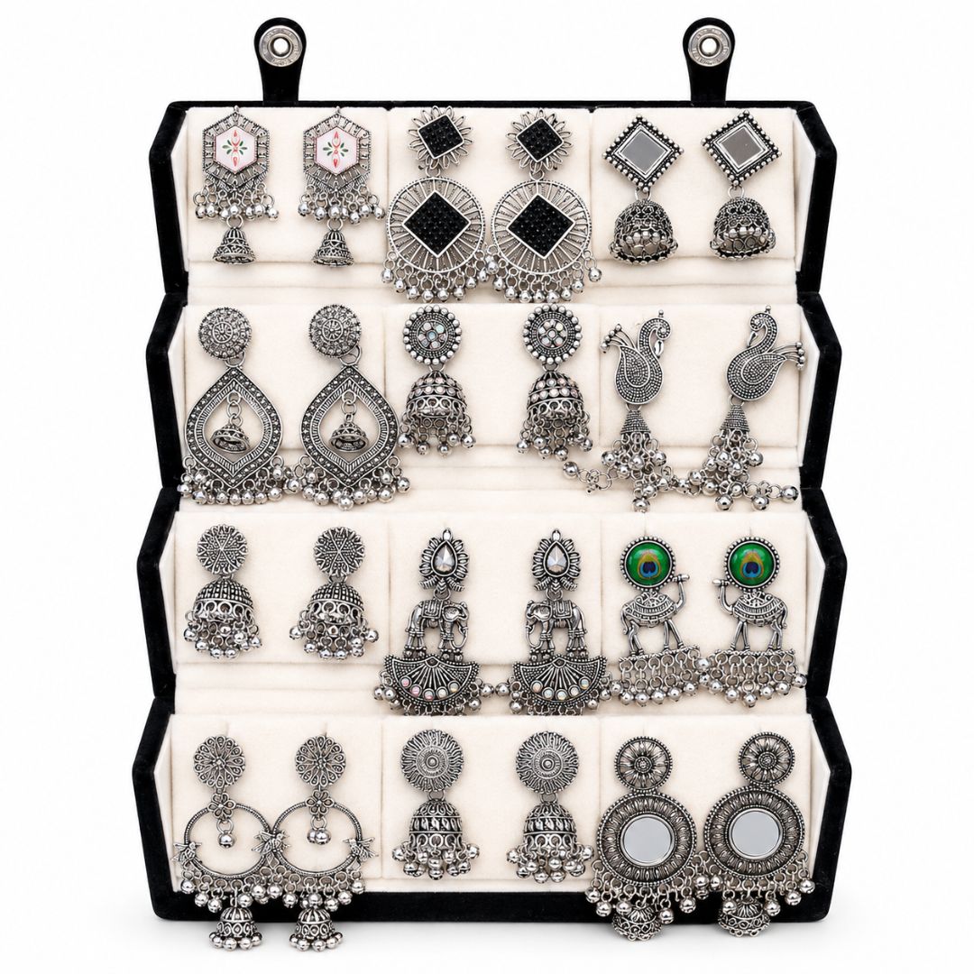 Statement & Jhumka Oxidised Earrings Combo With Foldable Velvet Box (Set of 12)