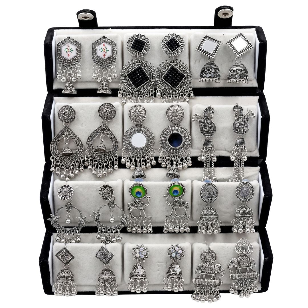 Statement & Jhumka Oxidised Earrings Combo With Foldable Velvet Box (Set of 12)