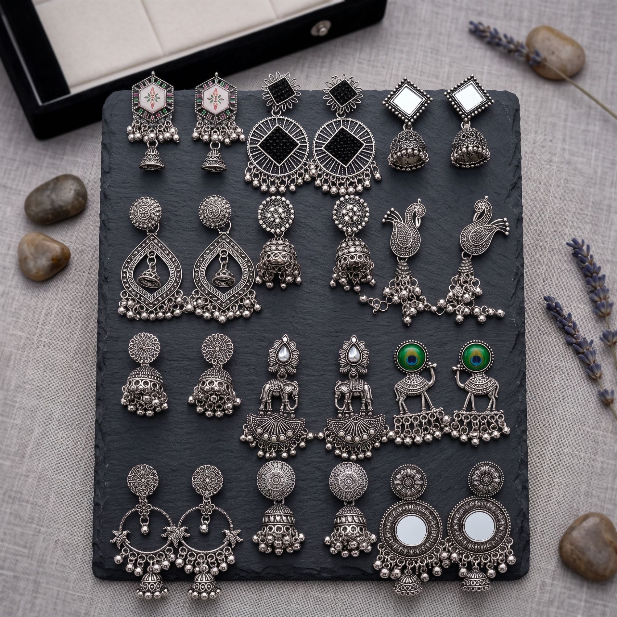 Statement & Jhumka Oxidised Earrings Combo With Foldable Velvet Box (Set of 12)