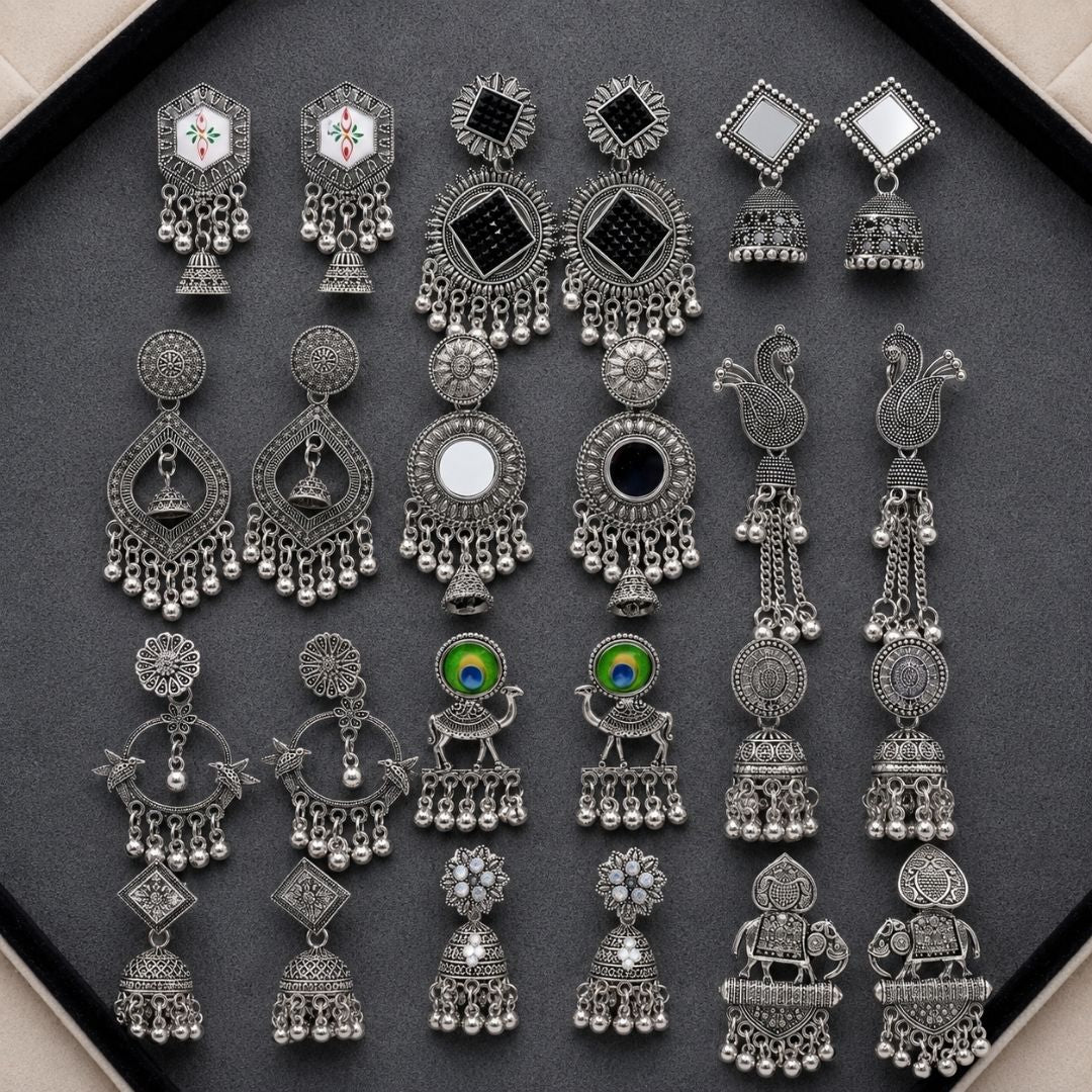 Statement & Jhumka Oxidised Earrings Combo With Foldable Velvet Box (Set of 12)