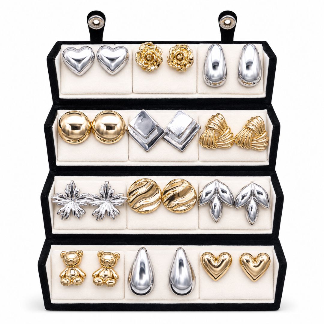 Everyday Fashion Wear Stud Earrings Combo With Foldable Velvet Box (Set of 12)