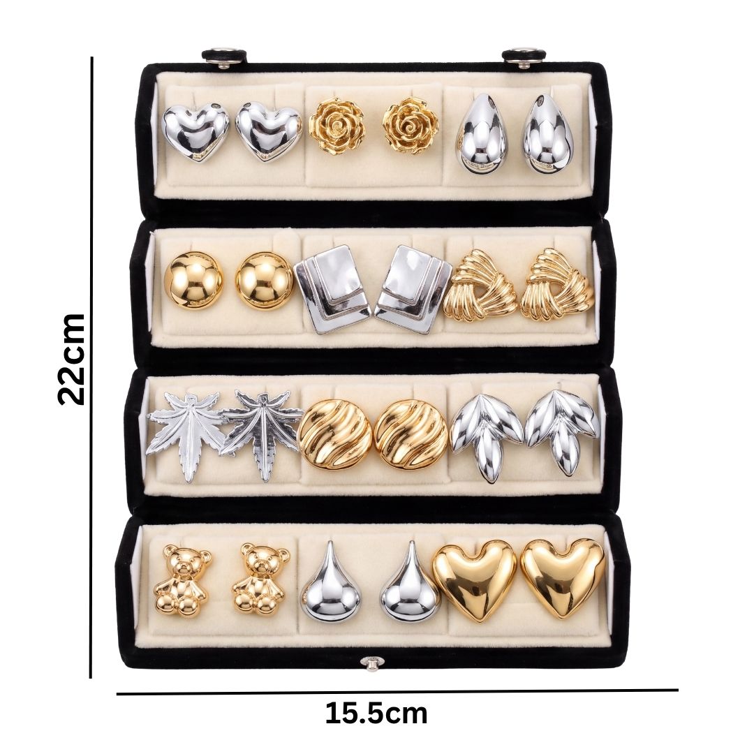 Everyday Fashion Wear Stud Earrings Combo With Foldable Velvet Box (Set of 12)