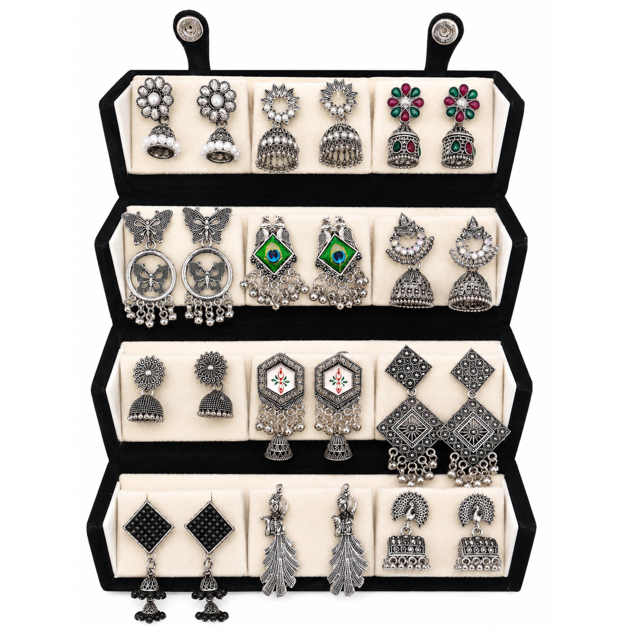 Traditional Oxidised Earrings Combo With Foldable Velvet Box (Set of 12)