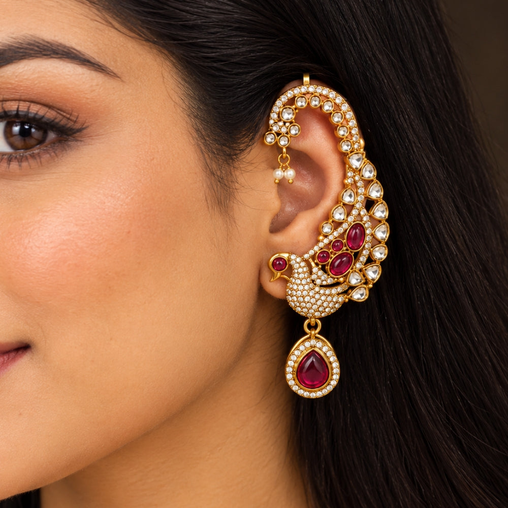 Mayurali - Pink Peacock Ear Cuff Earrings