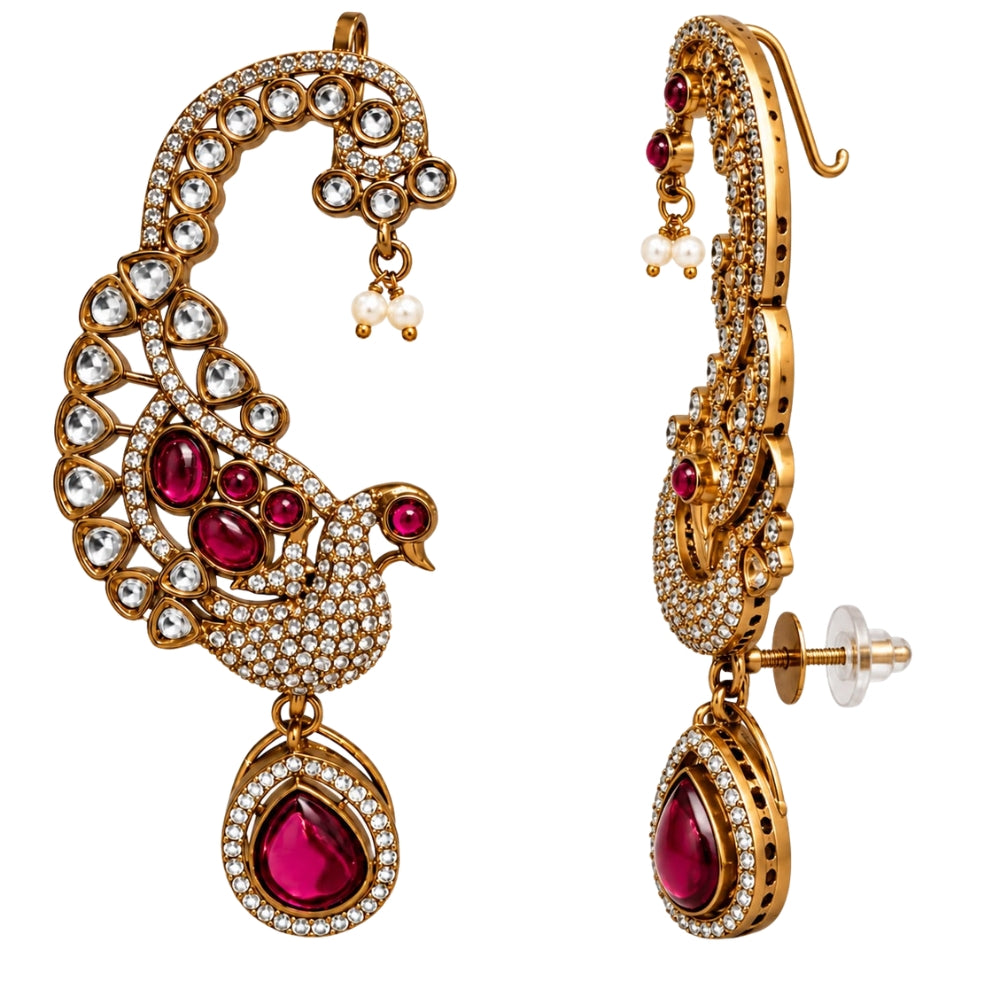 Mayurali - Pink Peacock Ear Cuff Earrings