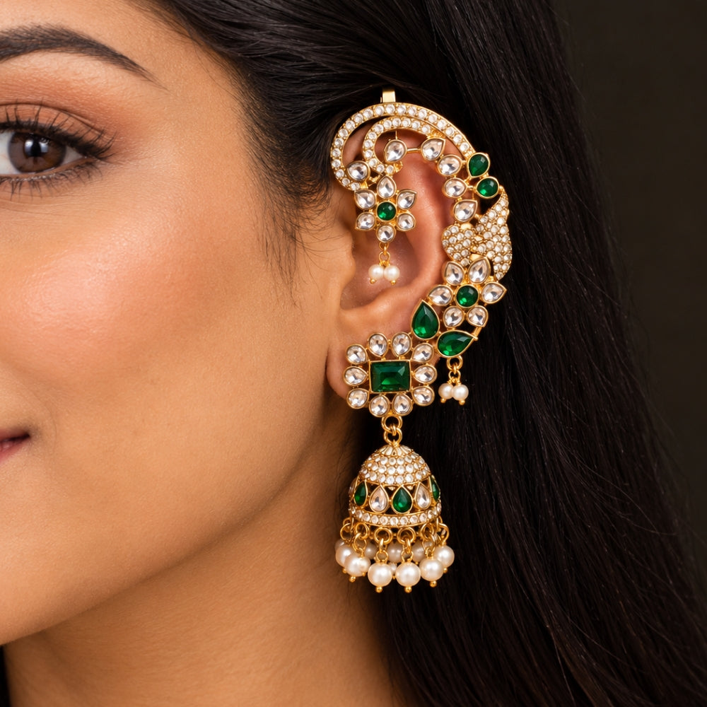 Pushpika - Green Floral Jhumka Ear Cuff Earrings