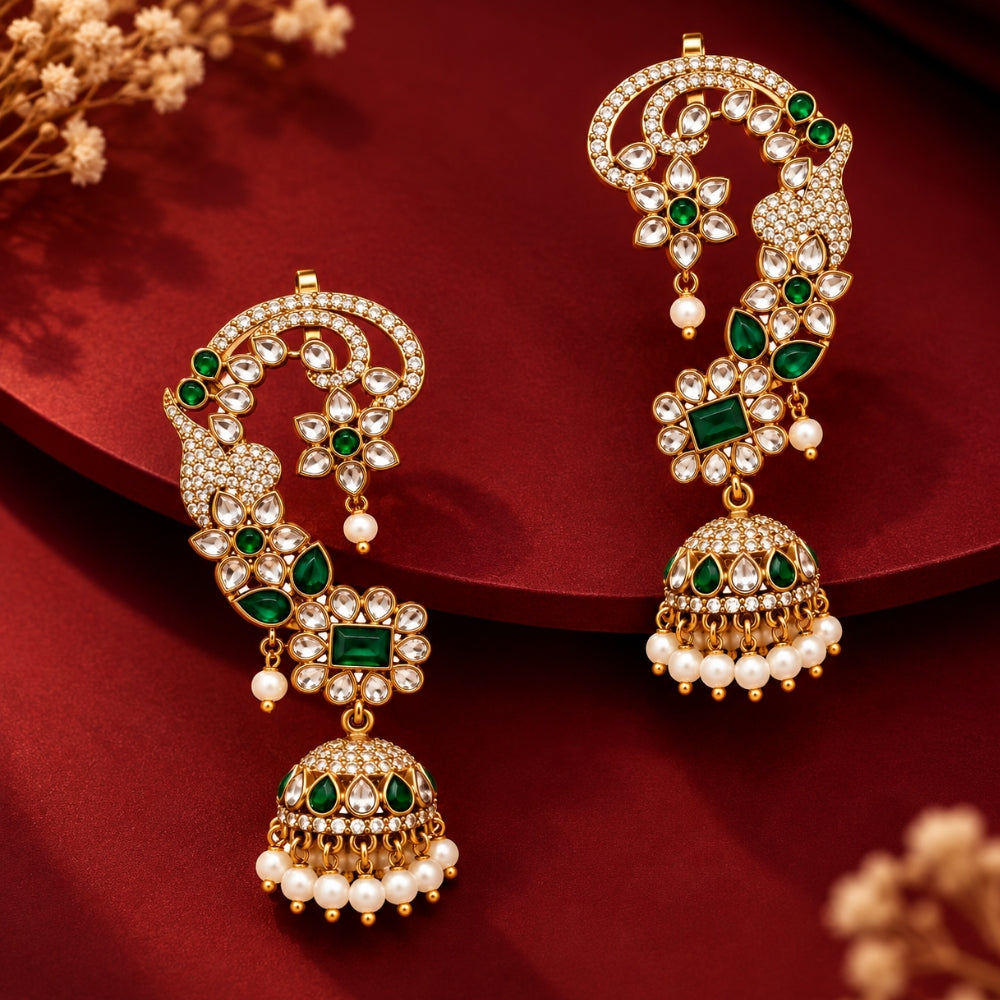 Pushpika - Green Floral Jhumka Ear Cuff Earrings