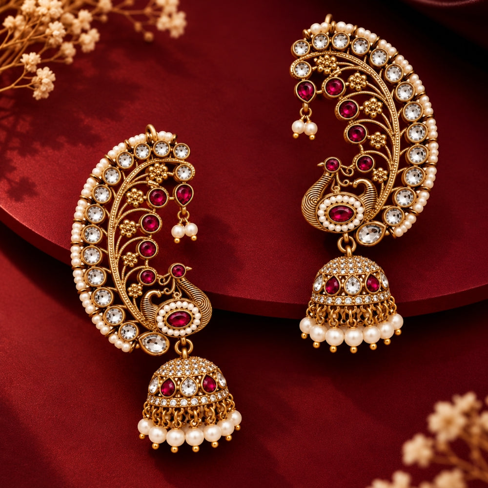 Vandya- Maroon Peacock Jhumka Ear Cuff Earrings