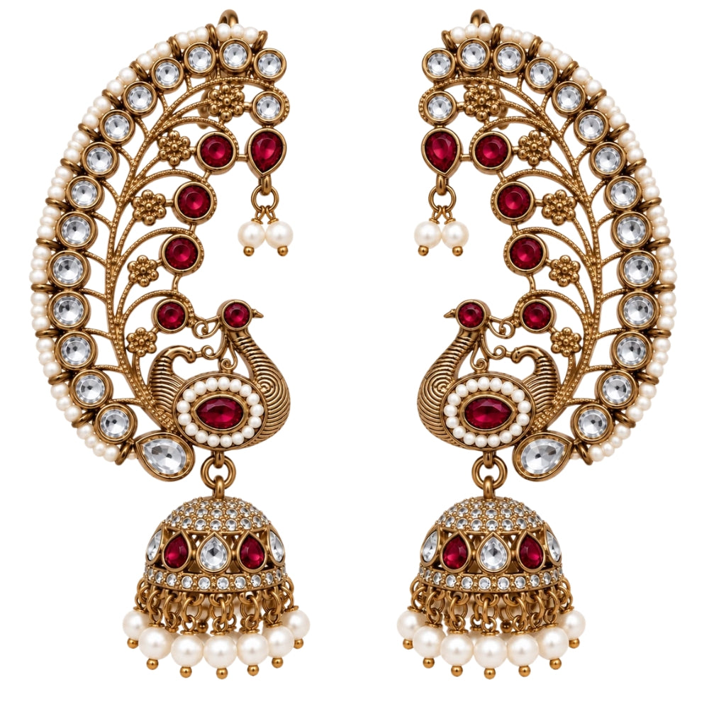 Vandya- Maroon Peacock Jhumka Ear Cuff Earrings