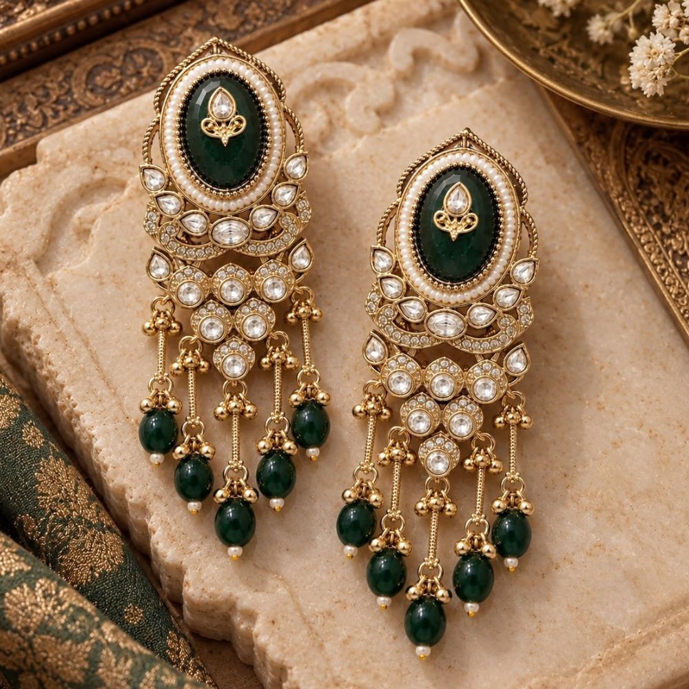 vedisha- Green Kundan Heritage Long Drop Earrings